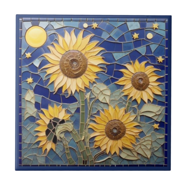 Sunflower Faux Mosaic Yellow Sunflowers Navy Blue Ceramic Tile (Front)