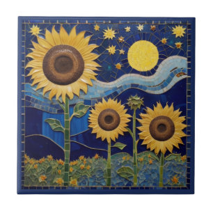 Sunflower Faux Mosaic Yellow Sunflowers Navy Blue Ceramic Tile