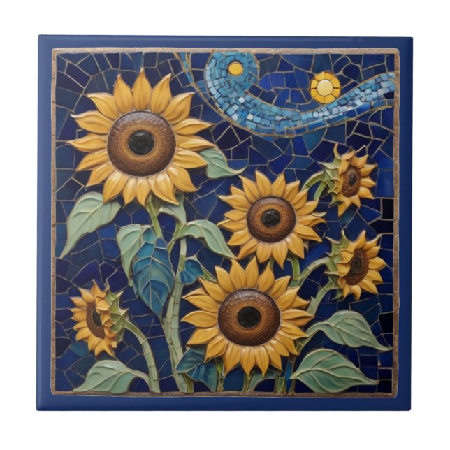 Sunflower Faux Mosaic Yellow Sunflowers Navy Blue Ceramic Tile (Front)