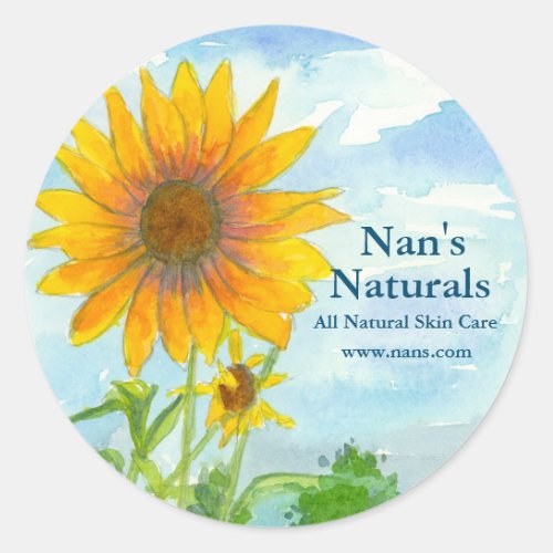 Sunflower Field All Natural Watercolor Landscape Classic Round Sticker