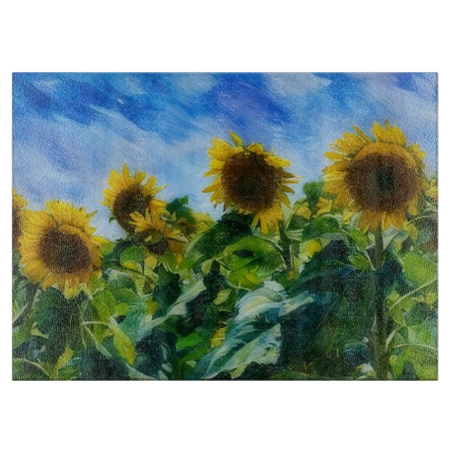 Sunflower Field Art on Glass Cutting Board (Front)