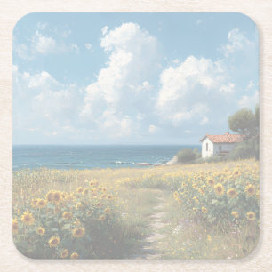 Sunflower Field Path to the Sea Acrylic Square Paper Coaster
