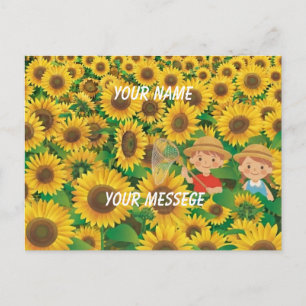 Sunflower Field Postcard Cute Summer Kids in Yel