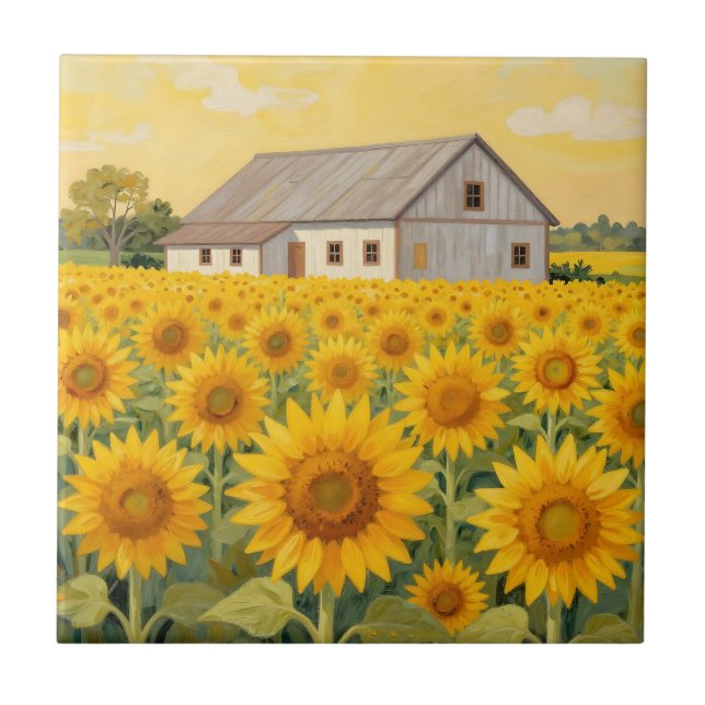 Sunflower Field Rustic Barn Landscape Ceramic Tile (Front)