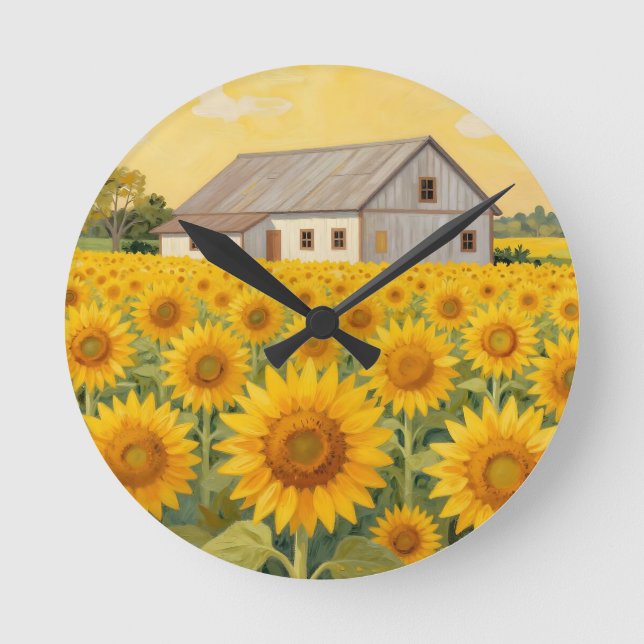 Sunflower Field Rustic Barn Landscape Round Clock (Front)