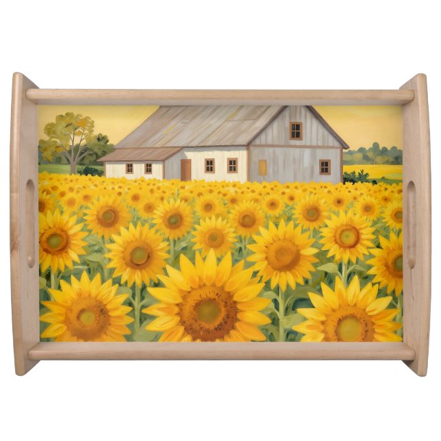 Sunflower Field Rustic Barn Landscape Serving Tray (Front)