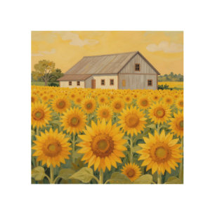 Sunflower Field Rustic Barn Landscape Wood Wall Art