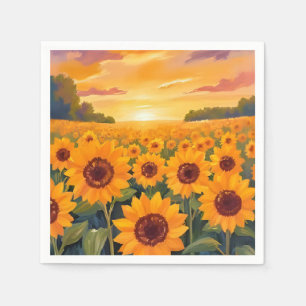 Sunflower Field Sunset Landscape Painting Napkins