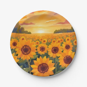 Sunflower Field Sunset Landscape Painting Paper Plates