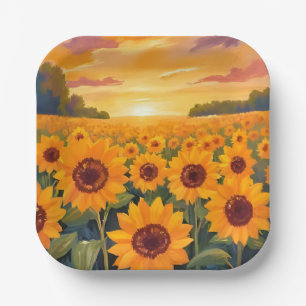 Sunflower Field Sunset Landscape Painting Paper Plates