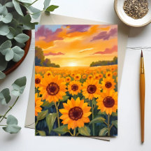 Sunflower Field Sunset Landscape Painting
