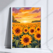 Sunflower Field Sunset Landscape Painting