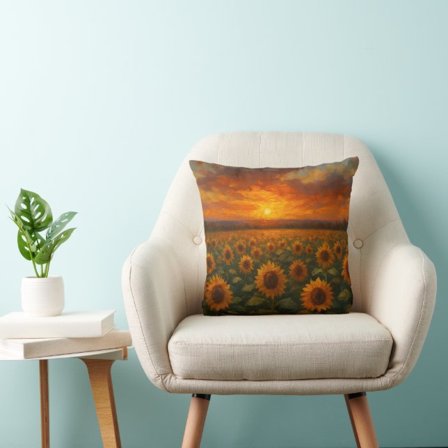 Sunflower Field Sunset Throw Pillow (Chair)