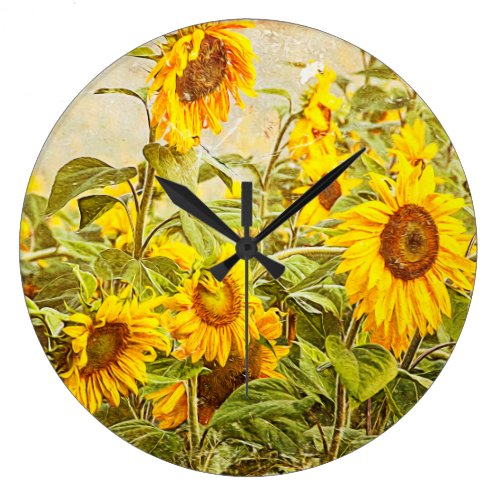 Sunflower Field Vintage Antique Yellow Art Large Clock