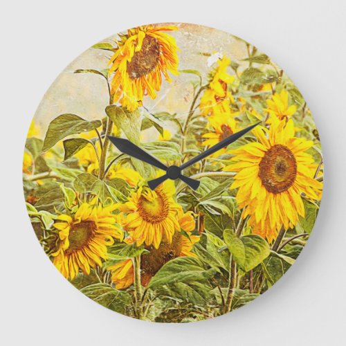 Sunflower Field Vintage Antique Yellow Art Large Clock