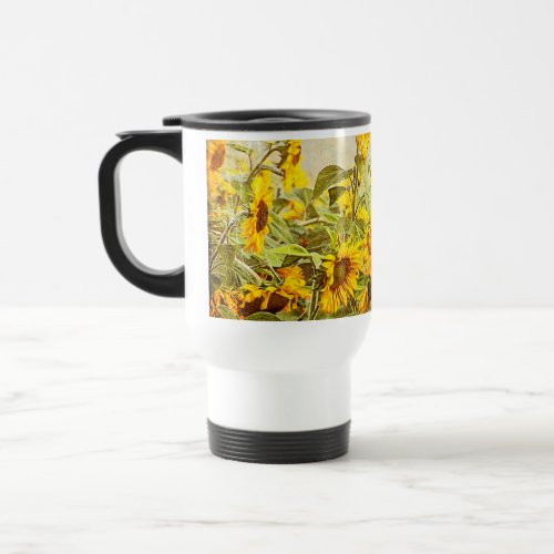 Sunflower Field Vintage Antique Yellow Floral Travel Mug