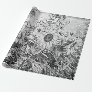 Sunflower Field Vintage Black And White Decoupage Wrapping Paper