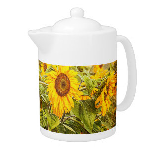 Sunflower Field Vintage Country Yellow Green Art Teapot