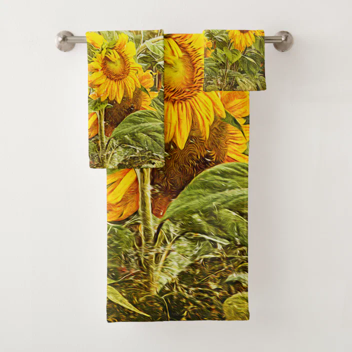 Sunflower Hand Towels for Bathroom or Kitchen with Country Floral Print 