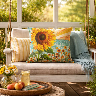 Sunflower Field Vintage Summer Decor Throw Pillow