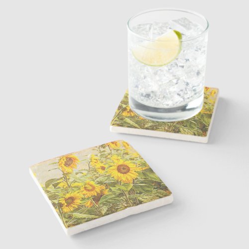 Sunflower Field Vintage Summer Yellow Rustic Art Stone Coaster