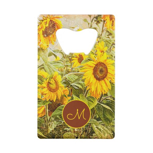 Sunflower Field Vintage Yellow Green Monogram Credit Card Bottle Opener