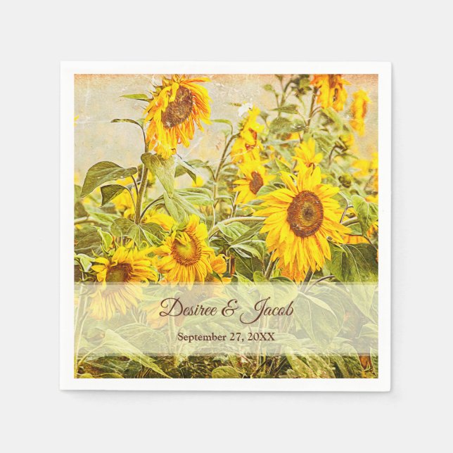 Sunflower Field Vintage Yellow Rustic Wedding Napkins (Front)