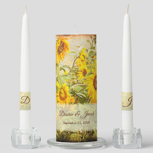 Sunflower Field Vintage Yellow Rustic Wedding Unity Candle Set