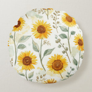 Sunflower Field Watercolor Painting Floral Yellow Round Pillow