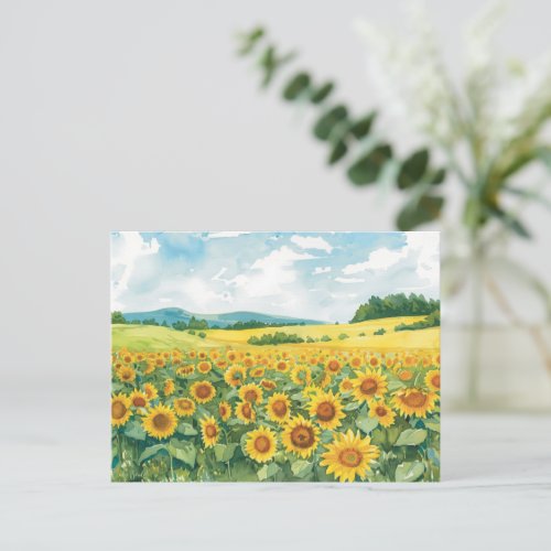 Sunflower Field Watercolor Sketch Postcard