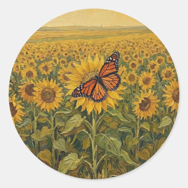 Sunflower field with Monarch Butterfly Classic Round Sticker (Front)