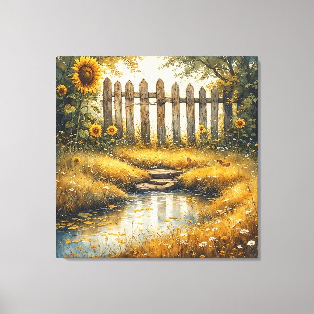Sunflower Field With Rustic Fence Canvas Print (Front)