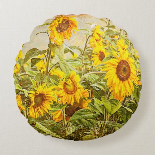 Sunflower Field Yellow Floral Vintage Antique Round Pillow