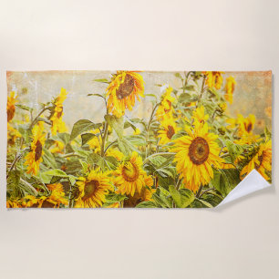 Sunflower Field Yellow Green Rustic Vintage Beach Towel