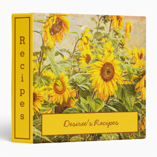 Sunflower Field Yellow Green Rustic Vintage Recipe 3 Ring Binder