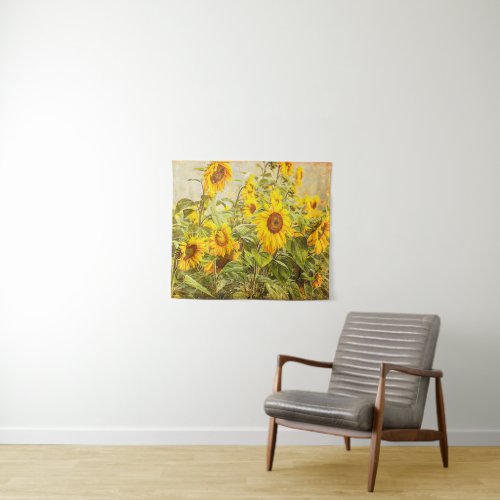 Sunflower Field Yellow Green Rustic Vintage Tapestry