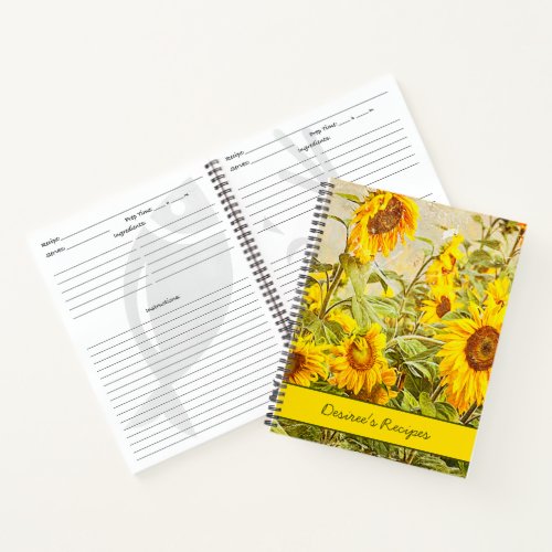 Sunflower Field Yellow Rustic Vintage Recipes Notebook