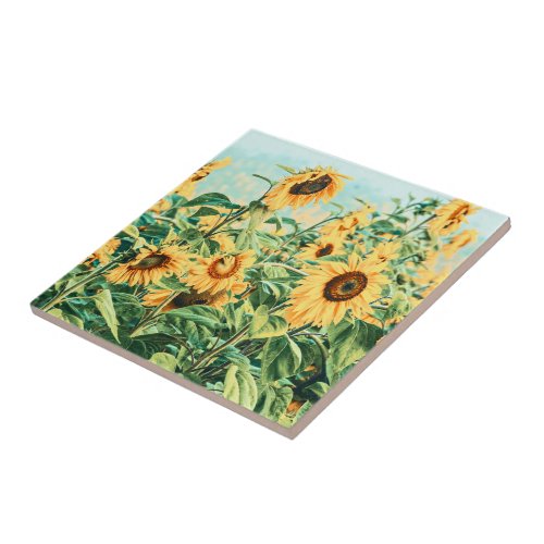 Sunflower Field Yellow Teal Floral Art Design Ceramic Tile