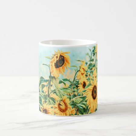 Sunflower Field Yellow Teal Floral Art Design Coffee Mug