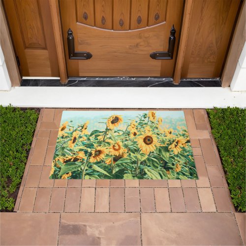 Sunflower Field Yellow Teal Floral Art Design Doormat