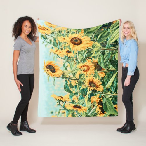 Sunflower Field Yellow Teal Floral Art Design Fleece Blanket