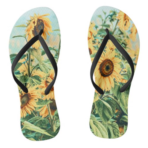 Sunflower Field Yellow Teal Floral Art Design Flip Flops