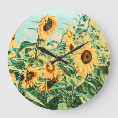 Sunflower Field Yellow Teal Floral Art Design Large Clock