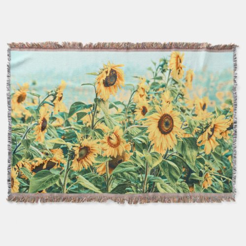 Sunflower Field Yellow Teal Floral Art Design Throw Blanket