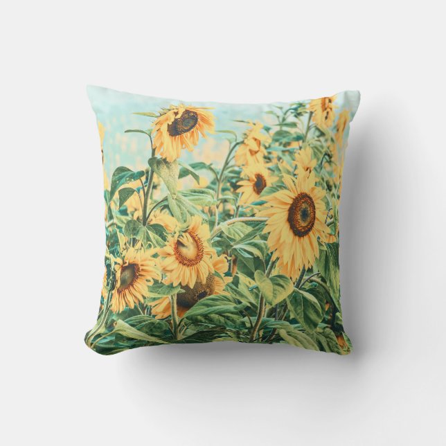 Sunflower Field Yellow Teal Floral Art Outdoor Pillow (Front)