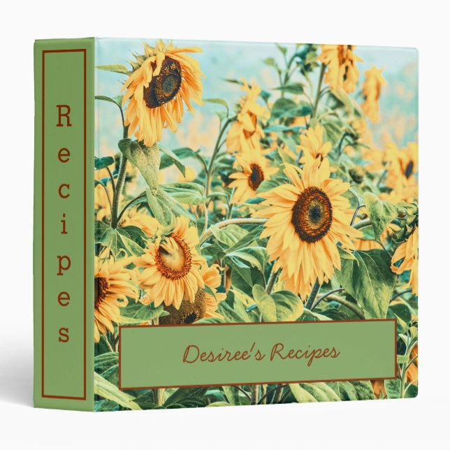 Sunflower Field Yellow Teal Floral Art Recipes 3 Ring Binder (Front/Spine)