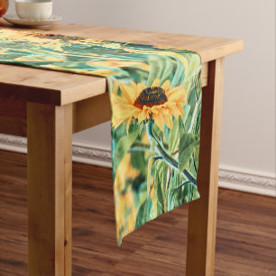 Sunflower Field Yellow Teal Floral Art Short Table Runner