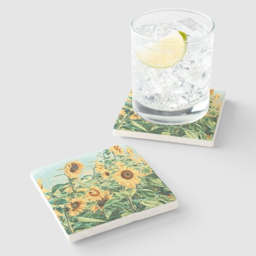 Sunflower Field Yellow Teal Floral Art Stone Coaster