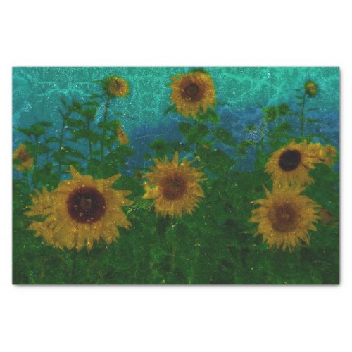 Sunflower Field Yellow Teal Green Blue Vintage Art Tissue Paper