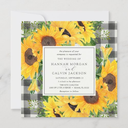 Sunflower Fields Buffalo Plaid Wedding Invitation